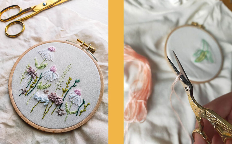 Links: een botanisch borduurwerk. Rechts: close-up van een fijn schaartje dat borduurgaren doorknipt.