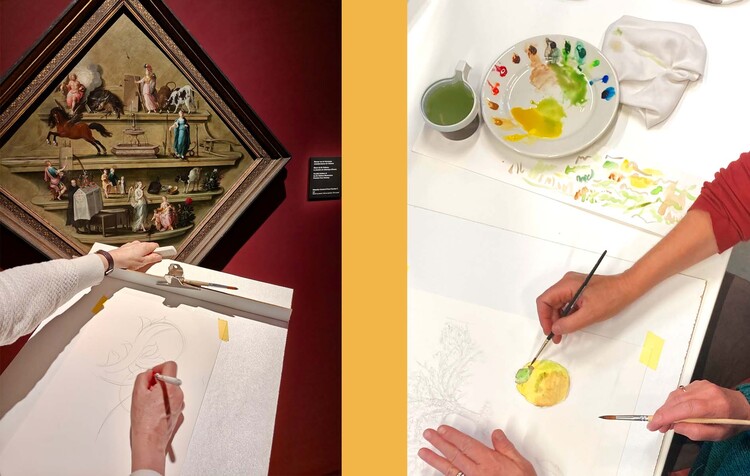 Foto links: iemand is een botanisch detail uit een schilderij aan het schetsen. Foto rechts: verschillende handen werken aan een botanisch aquarel.