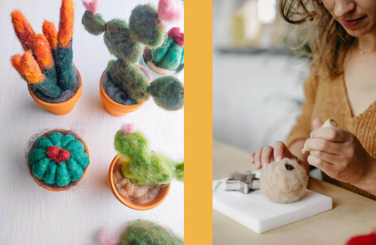 Links: een bovenaanzicht van verschillende gevilte plantjes. Rechts: een close-up van iemand die wol aan het vilten is in een ronde vorm.