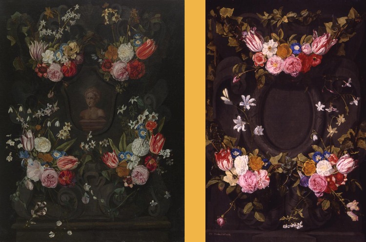 Twee bloemenstillevens met intense kleuren, contrasterend met de donkere achtergrond.