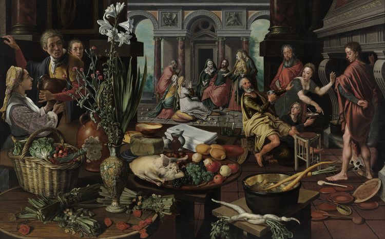Schilderij van tafels vol groenten met figuren op de achtergrond.
