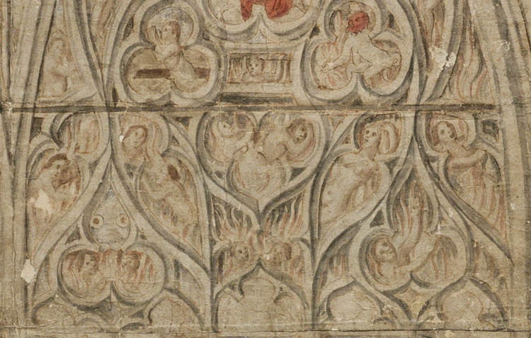 Details van een glasraam ontwerp tekening met figuurtjes omhuld door vlammen.